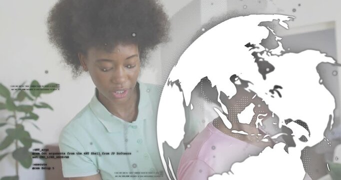 As globe and code overlays drifting, beauty stylist picking client hair with comb adding volume