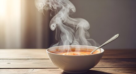 Steaming bowl of orange soup with a silver spoon on a rustic woo
