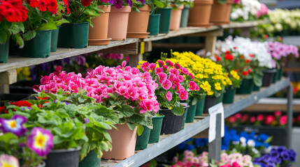 Flores coloridas em vasos dispostas em prateleiras de jardim