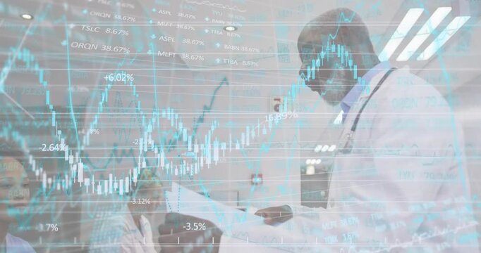 Doctor handing document to nurse for review in consultation room, with animated financial charts