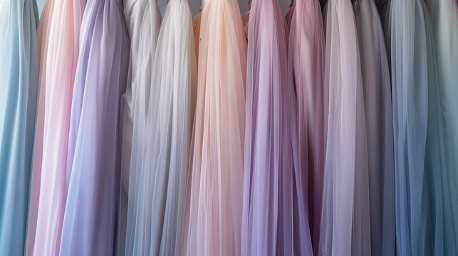 Vestidos formais de tule em elegantes cores pastel pendurados