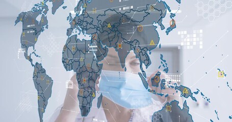 Physician bringing mask as transparent world map overlay fading in, securing it for patient care - Powered by Adobe