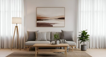 Serene living room featuring neutral tones, abstract art, and na