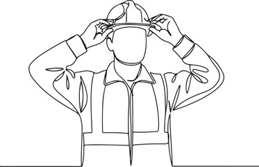  Continuous Line Drawing of a Worker Adjusting a Hard Hat or Safety Helmet, Minimalist Line Art Depicting Personal Protective Equipment and Workplace Safety.