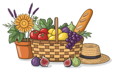 Abundant farmers market basket overflowing with fresh fruits vegetables and flowers