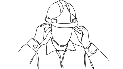 Continuous Line Drawing of a Worker Adjusting a Hard Hat or Safety Helmet, Symbolizing Construction, Engineering, and Workplace Safety