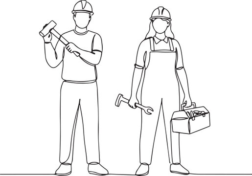 Continuous Line Art Diverse Construction Worker Team with Essential Tools. Male builder holds a hammer, female tradesperson carries a wrench and toolbox, symbolizing skilled labor and collaboration