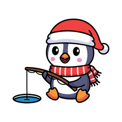 Pixel Art Penguin Wearing Red Santa Hat And Striped Scarf Fishing In Blue Water Hole With Fishing Rod White Background