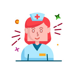 Pixel Art Nurse Portrait With Red Hair And Blue Scrub Top And Red Cross Emblem On Hat With Yellow...