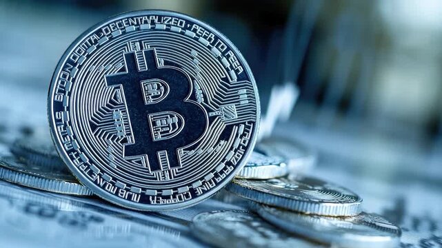 A bitcoin icon sitting on top of a pile of coins, suitable for financial and technology related content