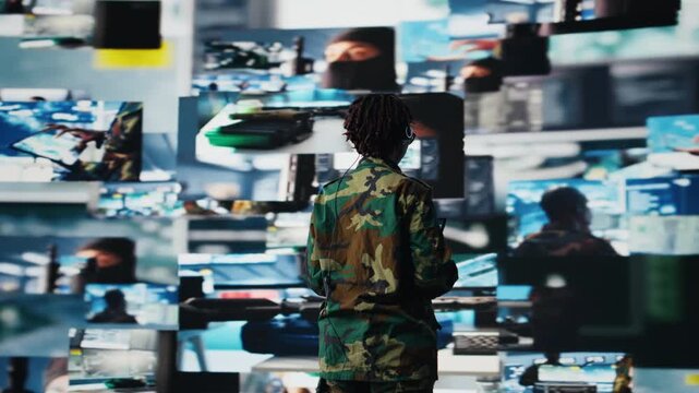 Army operator communicating enemy activity to ground troops using device. African american dispatcher wearing headset speaking about enemy threats seen on digital display, camera A close up