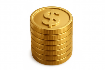 Golden dollar coins stacking, representing financial growth, savings, investment, and wealth accumulation against a transparent background