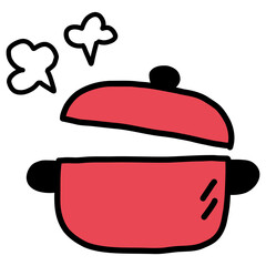 手描き線画のシンプルで可愛い赤い両手鍋のイラスト