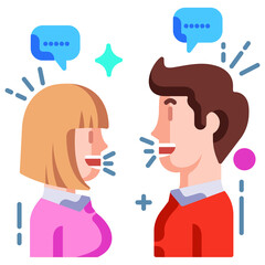 Two People Talking Flat Design Icon with Speech Bubbles and Sparkles on Transparent Background