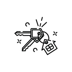 Two Metal Keys On A House Shaped Keychain With Sparkles And Circles On Transparent Background