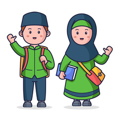 Two Muslim Students One Boy One Girl Wearing Traditional Clothing And Backpack Ready For School With Books In Hand