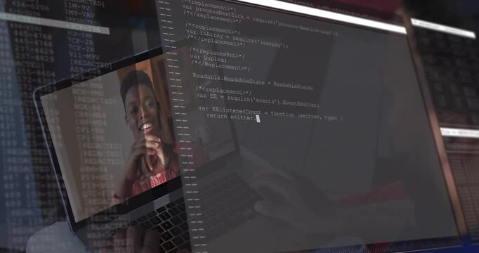 Developer clicking laptop expanding transparent code overlay working on JavaScript code in tech