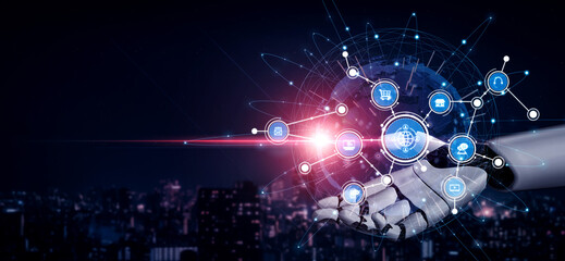 A futuristic robotic hand reaching towards a digital globe surrounded by icons, symbolizing innovation, connectivity, and technology in an urban environment at night. Tessel