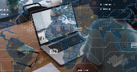 Man starting laptop call for tech briefing while senior woman showing map overlay growing on desk - Powered by Adobe