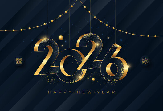 Happy New Year 2026 gold numbers typography greeting card design on dark background with golden decoration elements, elegant Merry Christmas invitation poster