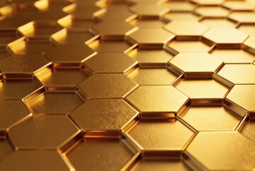 Golden hexagonal pattern forms a shiny, reflective abstract background with interlocking shapes, creating a sense of luxury and modern elegance.