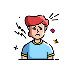Pixel Art Sad Person Icon With Red Hair Blue Shirt Yellow Collar On Transparent Background Feeling Disappointed With Starburst And Lightning Bolt Symbols