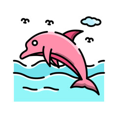 Pixel Art Pink Dolphin Leaping Through Turquoise Waves Under a Blue Sky with Wispy Clouds and Flying Birds