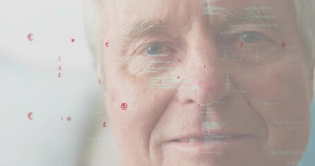 Senior man's face hosting drifting currency symbols multiplying and displaying finance visuals - Powered by Adobe