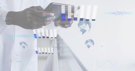 doctor tapping tablet in hospital corridor, updating health data with bar charts and globe icons - Powered by Adobe