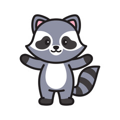 Pixel Art Raccoon Cartoon Character Waving Hello Standing On Transparent Background