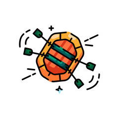 Pixel Art Raft With Oars Floating On Water With Motion Lines And Droplets In Top Down View On Transparent Background