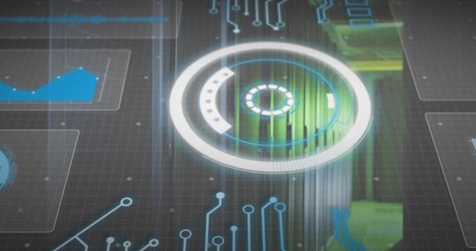 Fading panels initiating circular scan graphic spinning, streaming cascades to update server charts