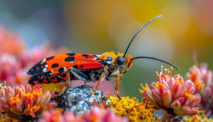 Vibrant close-up of a colorful insect on flowers