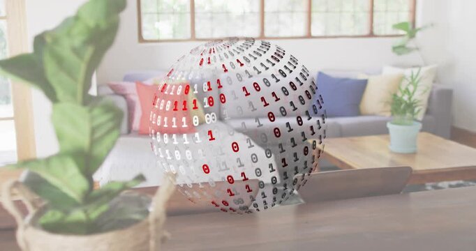 At outset 3D sphere forming above table expanding rotating contracting to represent binary data