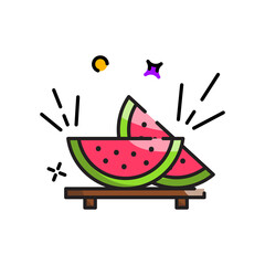 Two Slices of Watermelon with Seeds on a Wooden Stand Surrounded by Sparkles and a Yellow Circle Against a Transparent Background