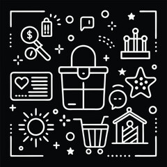 Black and white doodle illustration of gifts shopping