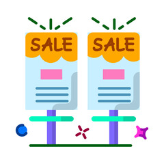 Two Tall Signs Announcing Sale With Bright Yellow Tops And Blue Information Panels Detailed Graphics On A Transparent Background