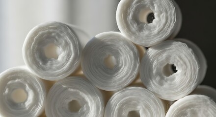 Stack of White Toilet Paper Rolls in Close Up with Soft Natural Lighting