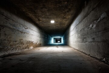 passageway. A long dark tunnel with rough concrete walls and a distant point of light. travel magazines, destination branding, designed for outdoor magazines and nature guides.
