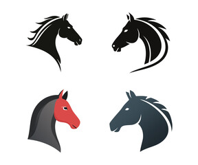 A set of four stylized horse head vector illustrations, suitable for logos, icons, and emblems.
