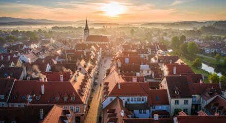 Aerial view of the beautiful town of radovljica, gorenjska, slovenia, at sunrise, showcasing its charming architecture, red roofs, and picturesque landscape