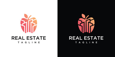 Architectural building and apple logo design. Real estate logo vector.