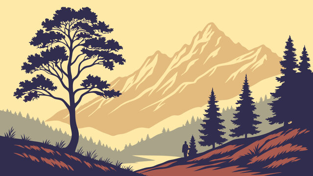 Mountain landscape illustration scenic view of majestic peaks tranquil nature scene hiker silhouette evergreen trees stylized artwork vector illustration travel poster design nature backg.