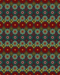Colorful Floral Folk Pattern Background, A seamless folk-style floral pattern featuring bright red, yellow, green, and white flowers on a dark background. The design has a vibrant and decorative style