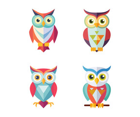 Obraz premium Four colorful, stylized owls with geometric patterns, presented in a flat design.