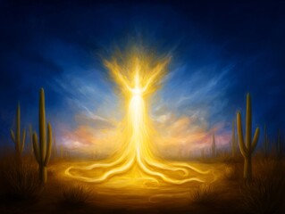 prophecy. Desert bush engulfed in flames against a twilight sky. ESG reports, sustainability campaigns, designed for sustainability communications and ESG reporting.
