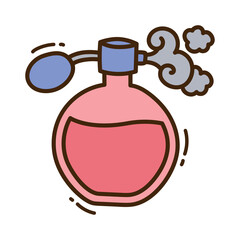 Vintage Pink Perfume Bottle Spraying Scent With Blue Atomizer And Swirling Gray Mist On Transparent Background