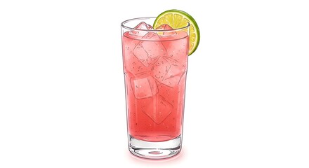 Refreshing pink cocktail with ice cubes, adorned with a lime slice on a white background.