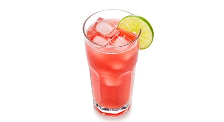 Refreshing pink cocktail with ice cubes and a lime slice isolated on white background.