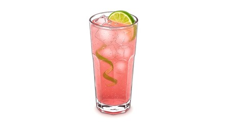 Refreshing pink cocktail illustration with ice, lime and garnish on white background.